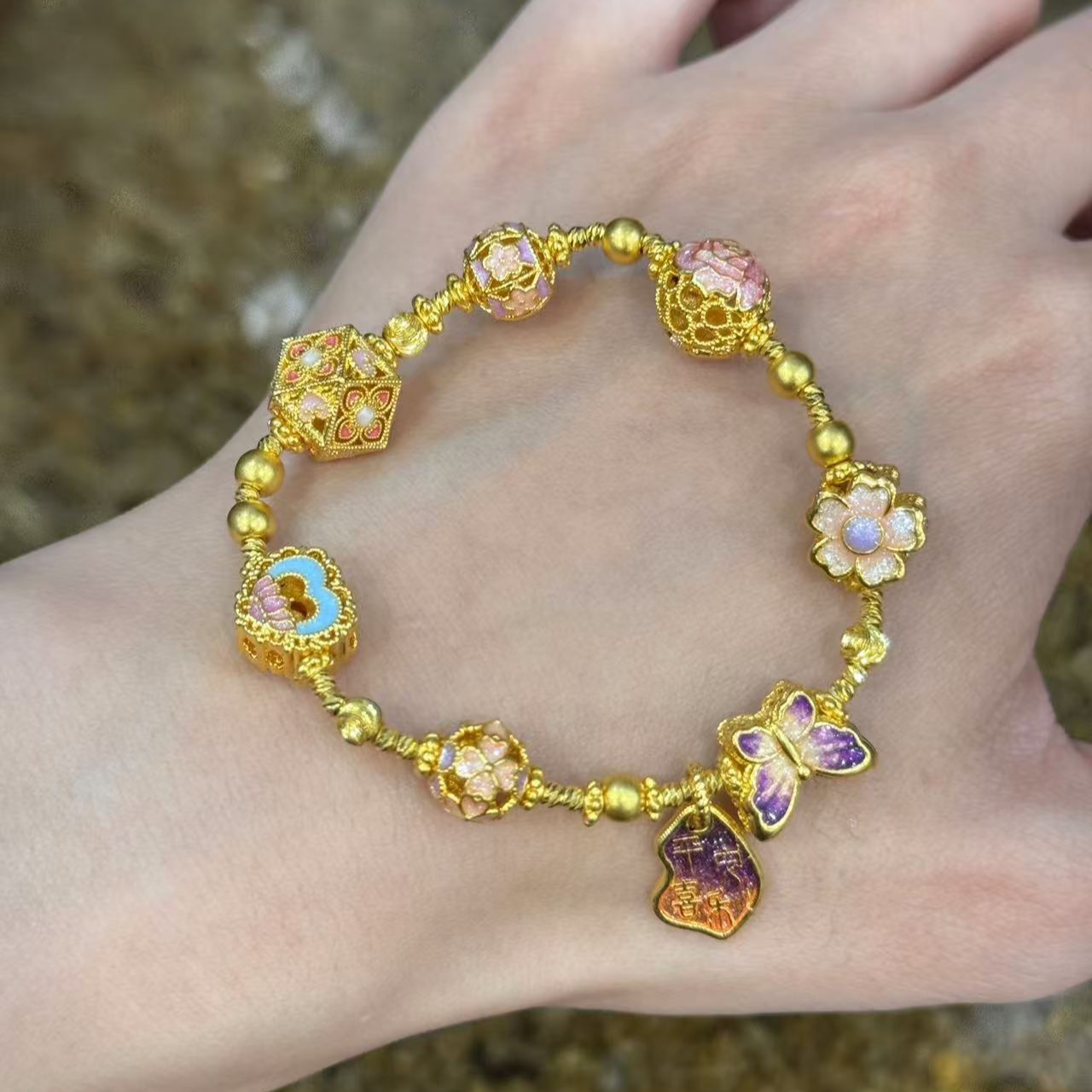 阿敏专属-现-平安喜乐紫蝶手串，微硬金足金弹力绳手串（附加400）