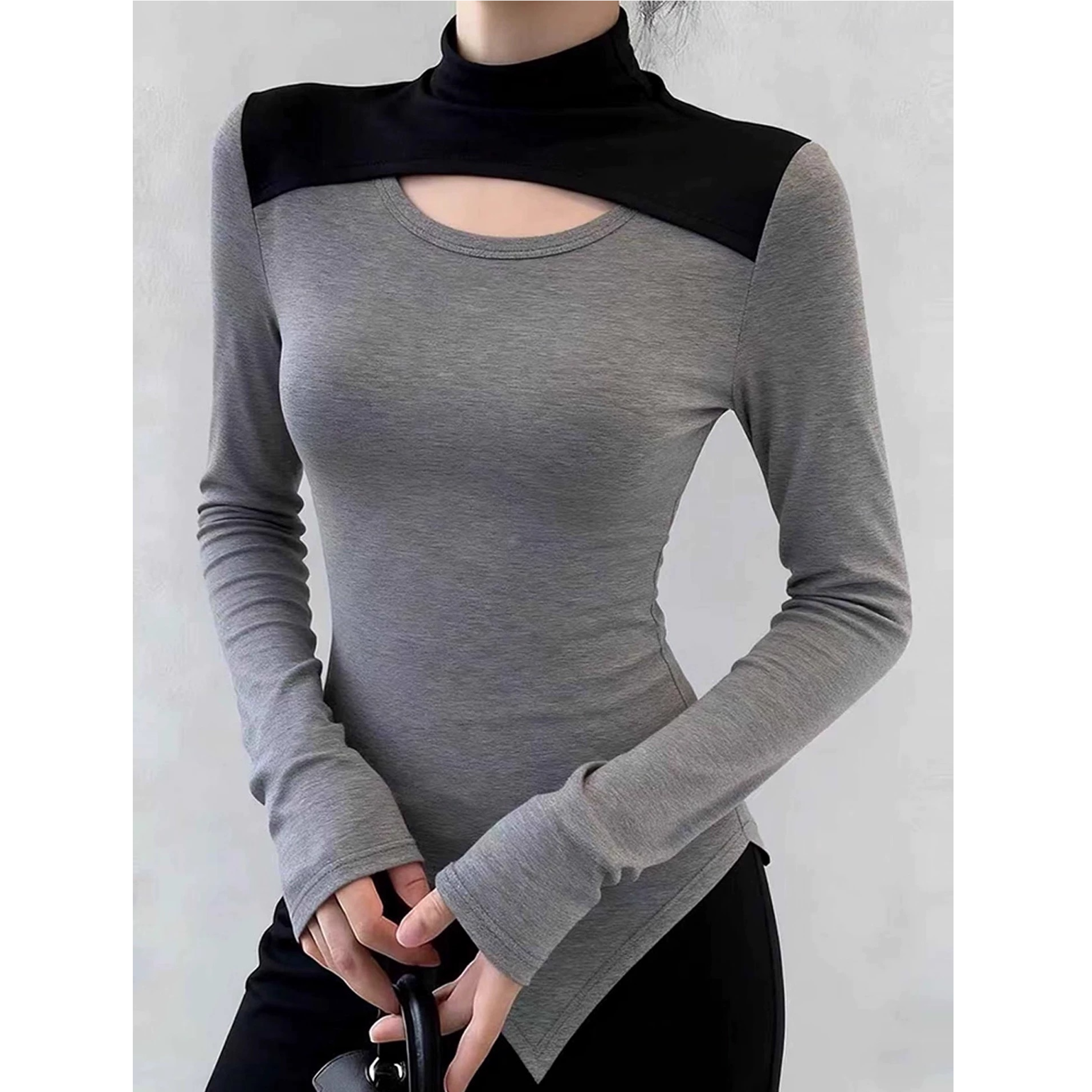 【加绒磨毛】显瘦设计感镂空撞色假两件打底衫女秋冬内搭T立领上衣