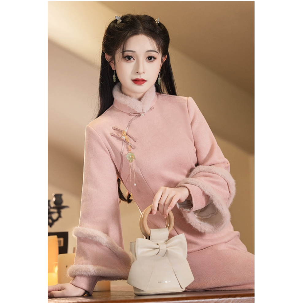 【彩云间】秋冬季2025新款高端修身改良年轻款新中式麂皮绒加绒加厚