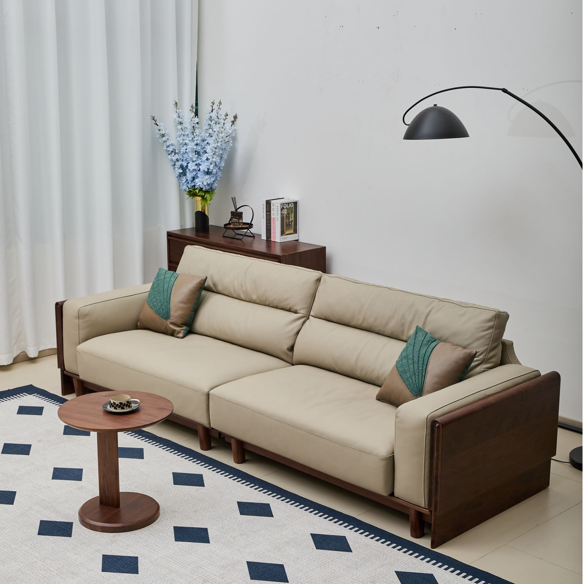 云朵沙发实木沙发客厅现代简约黑胡桃木真皮沙发原木风高靠背沙发