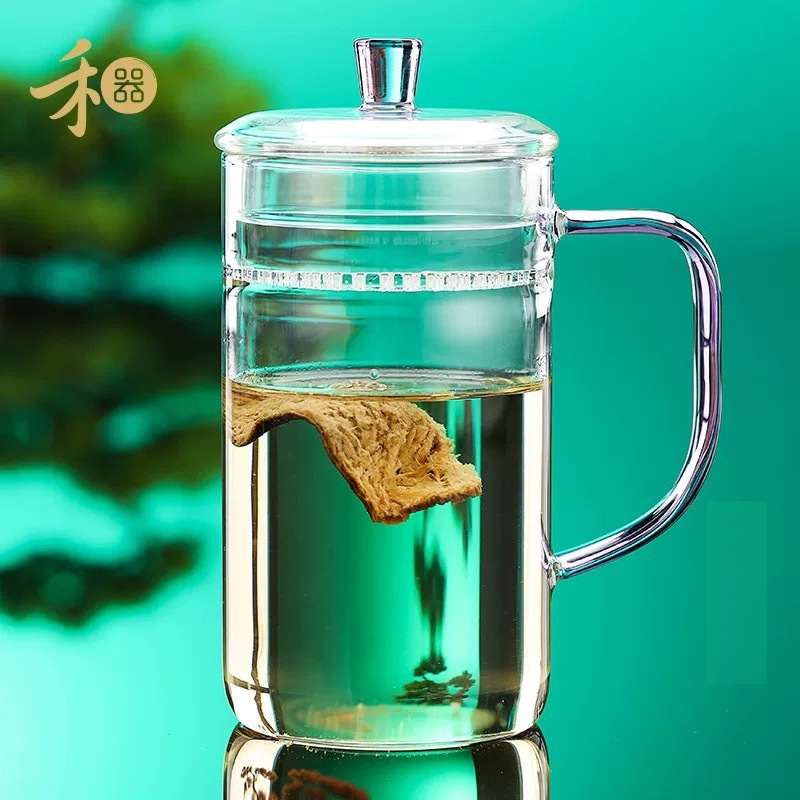 禾器高硼硅玻璃杯带过滤月牙泡茶杯耐高温带盖子绿茶杯简尚杯