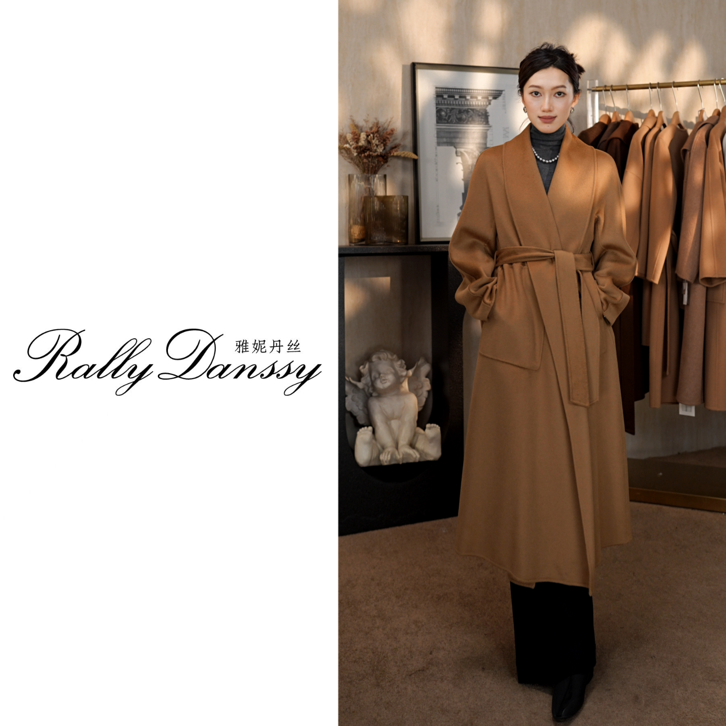 14.5μm100%阿拉善小山羊绒青果领双面手工大衣长款气质女人味优雅