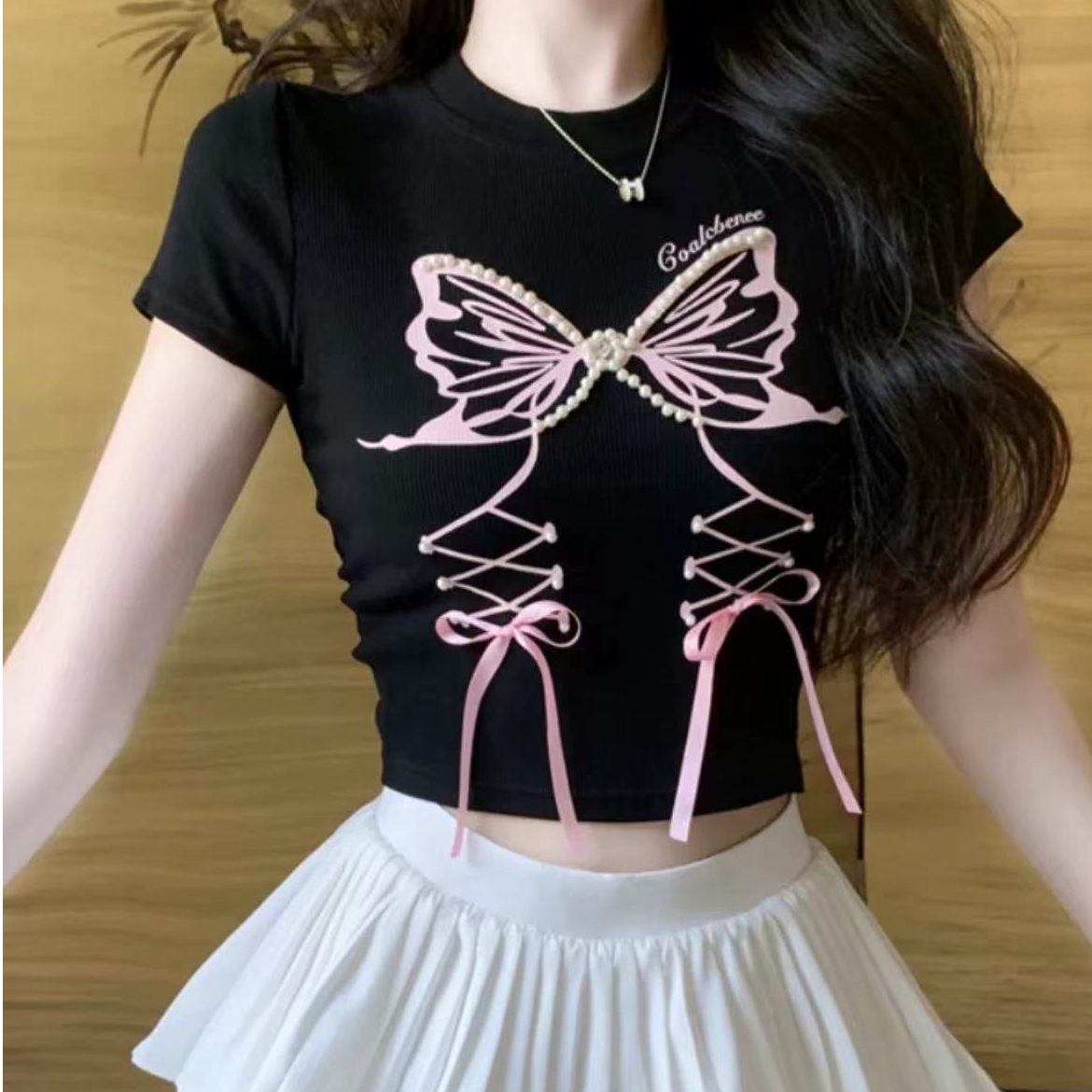 [胖鹅张] 甜辣钉珠蝴蝶印花短袖上衣 #829[实物以直播间展示为准]