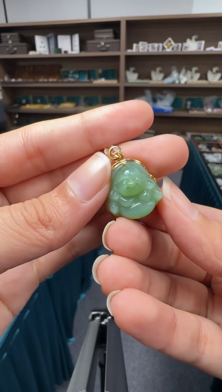 【闪购商品】和田玉吊坠18K金镶嵌碧玉金镶佛公约18*19mm吊坠