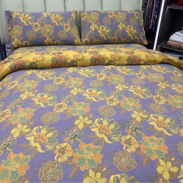 亲肤双层纱被罩--金彩花韵纽扣款透气舒适新款高级感大花多功能