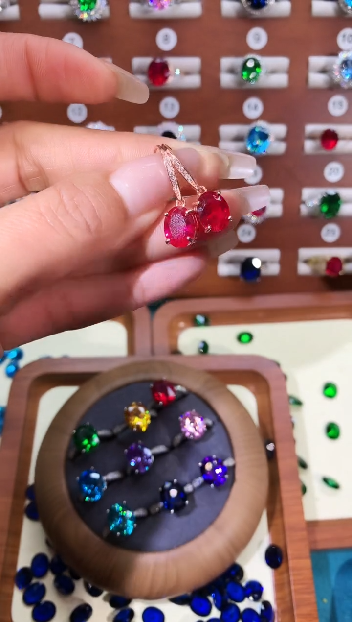 银S925镶嵌耳饰红宝石810玫瑰金酒红