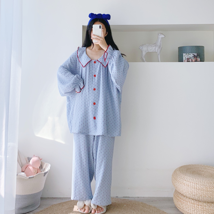 大翻领波点纯棉双层纱布睡衣女长袖长裤大码胖mm200斤宽松家居服