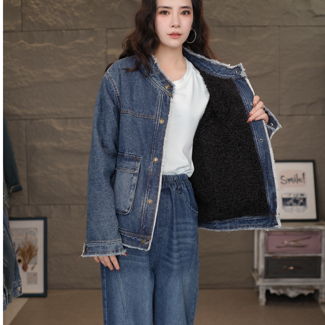 CK10119立领牛仔棉衣加绒加厚冬季新款棉服外套宽松时尚