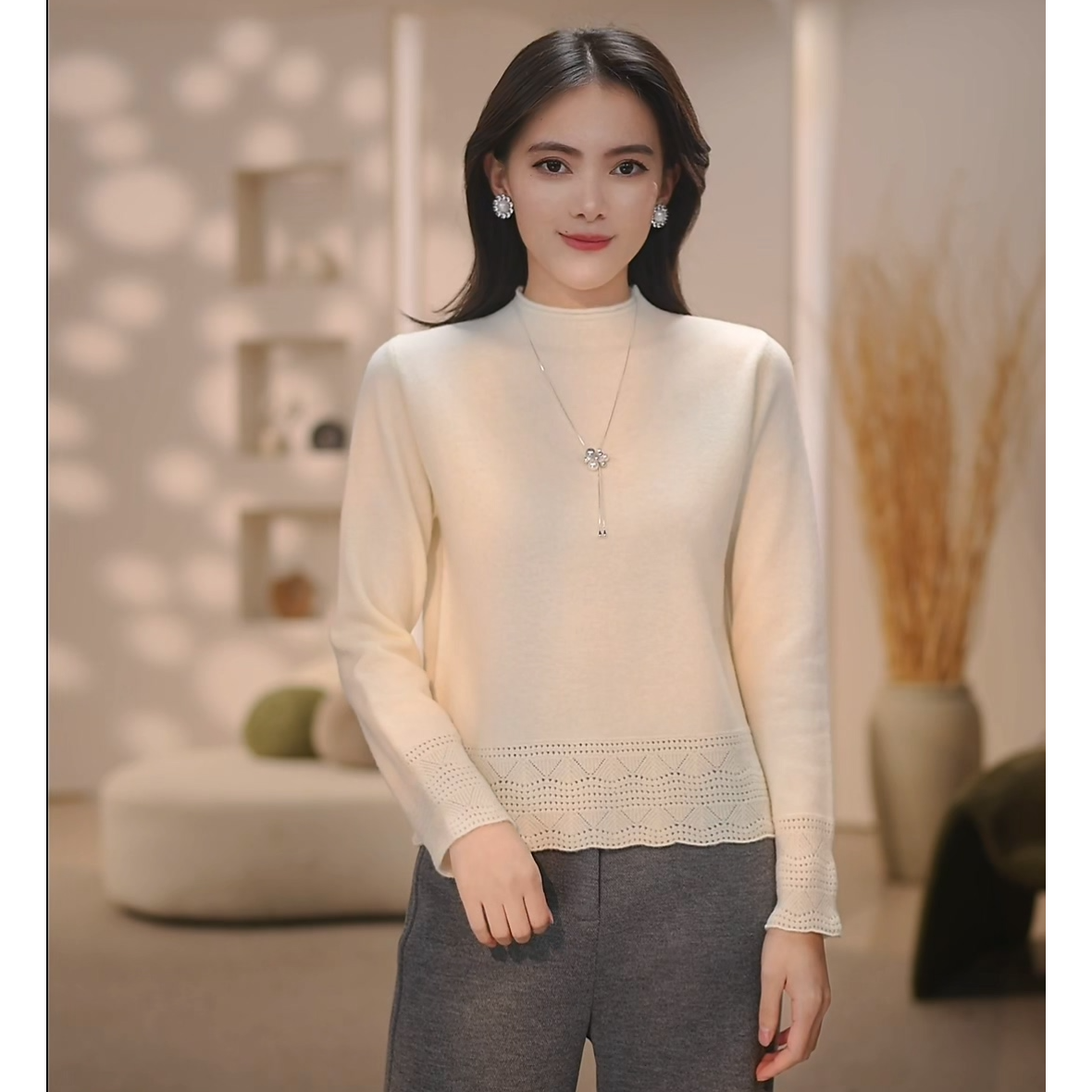 【明溪定制】2025新款波浪镂空羊毛半高领针织气质套头上衣女