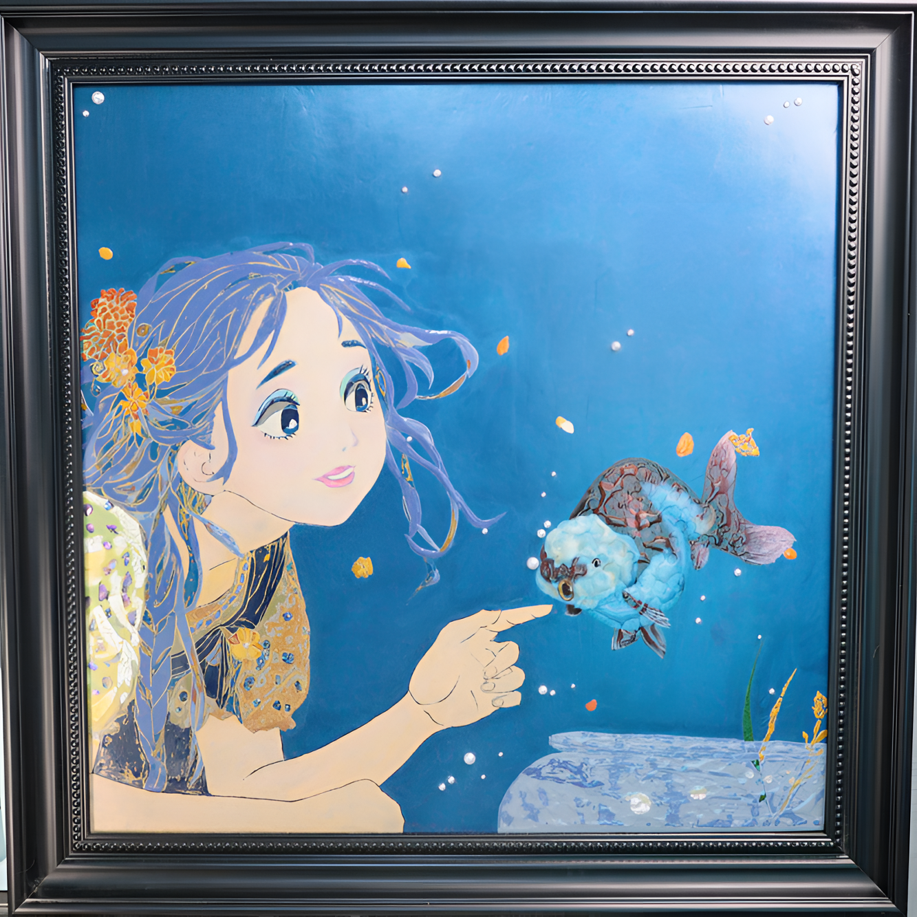 超值漆画新欧式氛围装饰画内芯长50宽50cm螺钿蛋壳兰寿金鱼小女孩