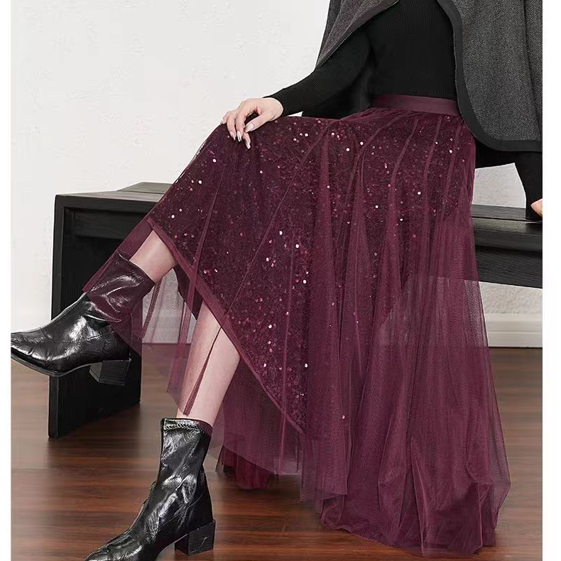 冬季新款金丝绒亮片重工中长半身裙女高级网纱大摆裙垂感长裙