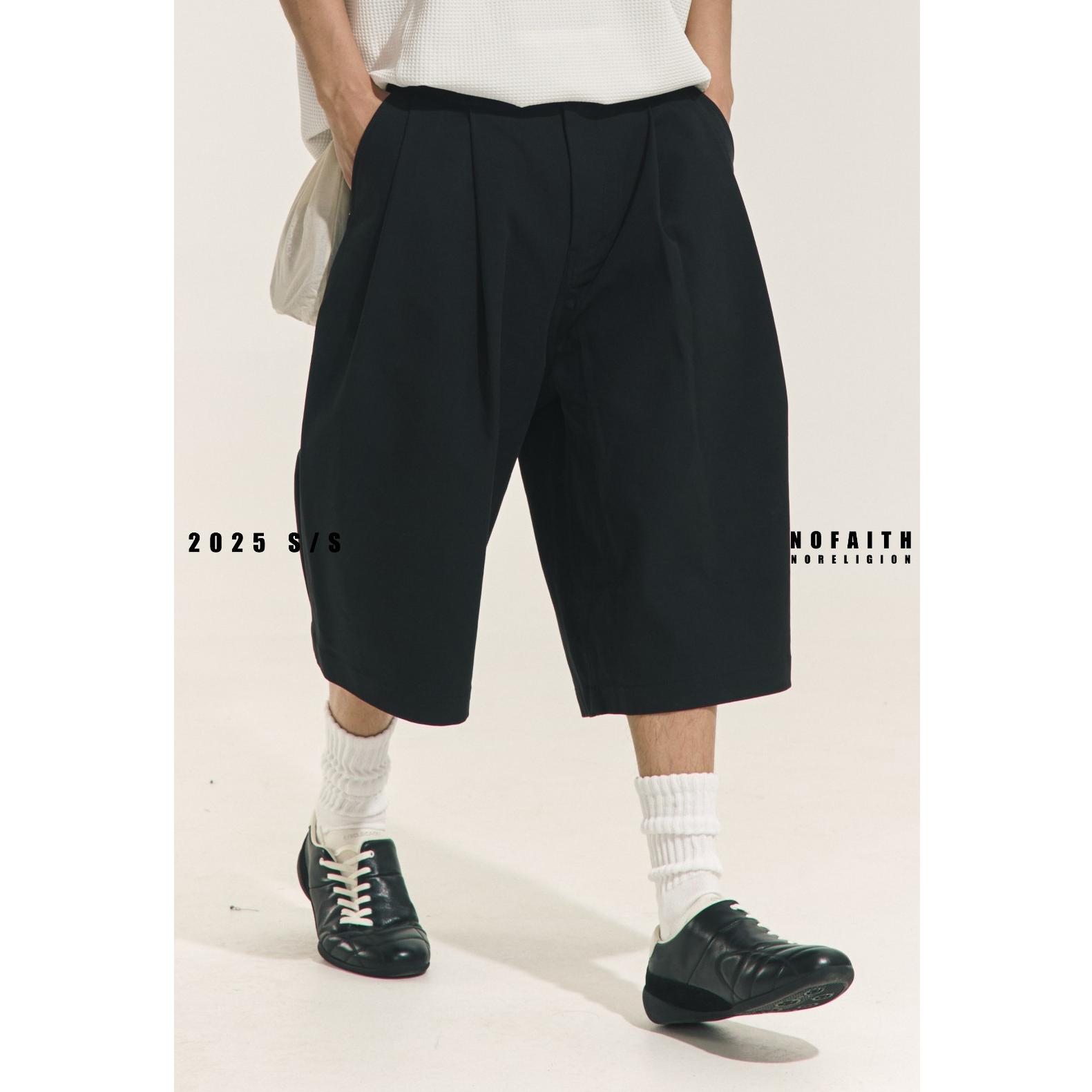 NOFAITH日系复古休闲裤男纯色百搭阔腿宽松休闲七分裤无信仰