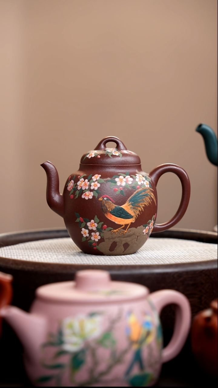 茶壶紫砂老降坡泥宫灯泥绘锦鸡