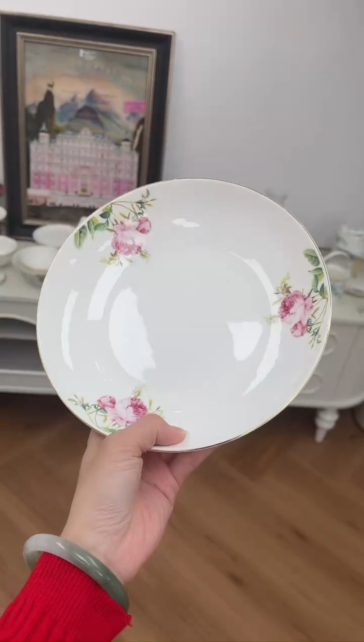 杯玫瑰高骨骨瓷圆汤盘