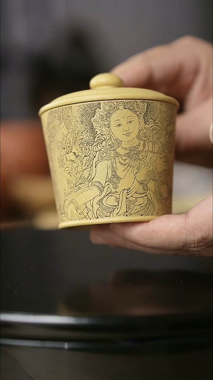 茶杯紫砂山冰盖杯绿度母