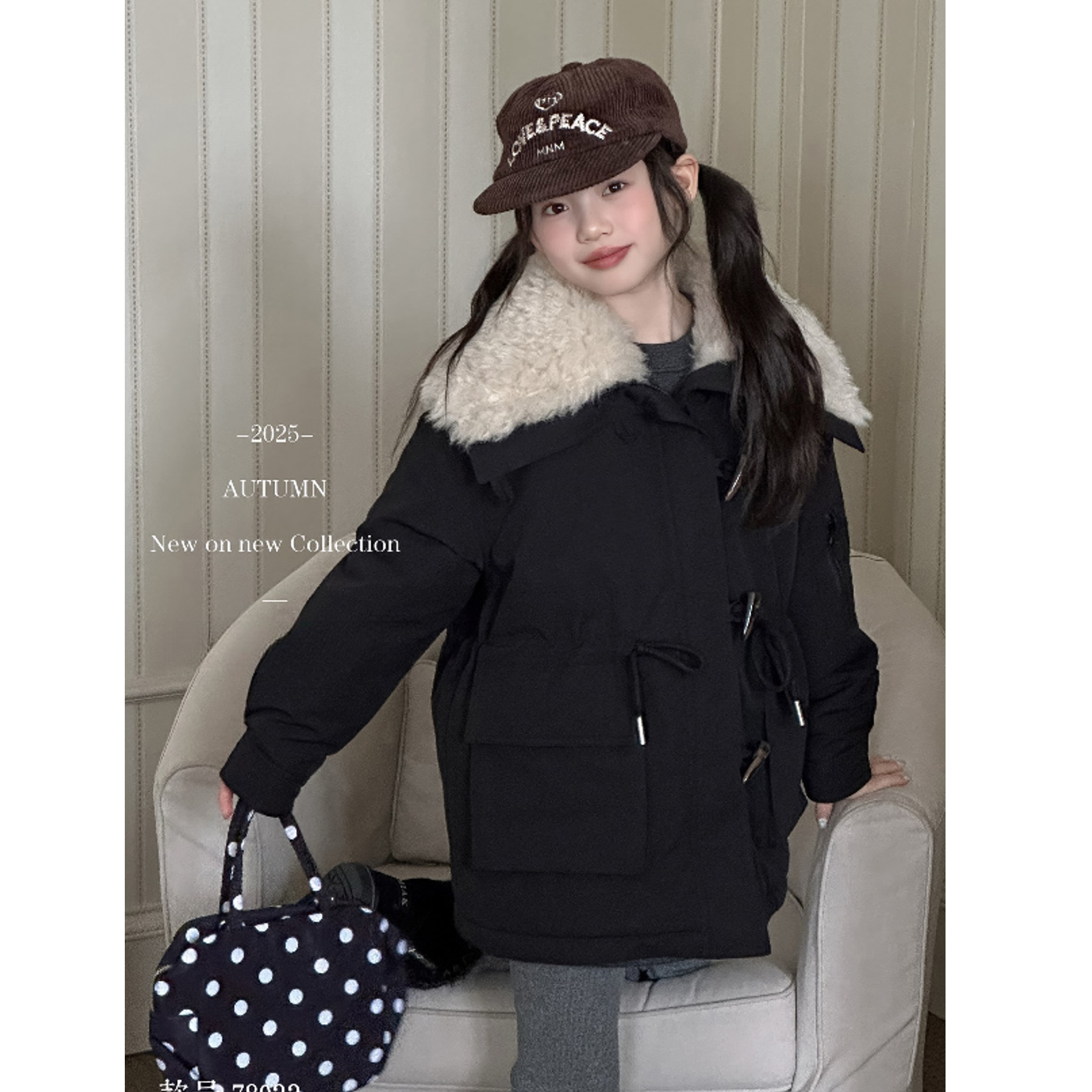 【豪宝贝】2025FW翻领毛毛牛角扣毛毛外套棉服8022