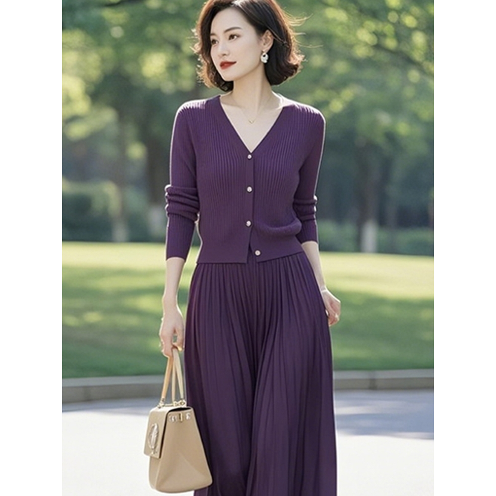 通勤气质高级感贵气穿搭紫色针织开衫紫色半身裙2025新款套装女春