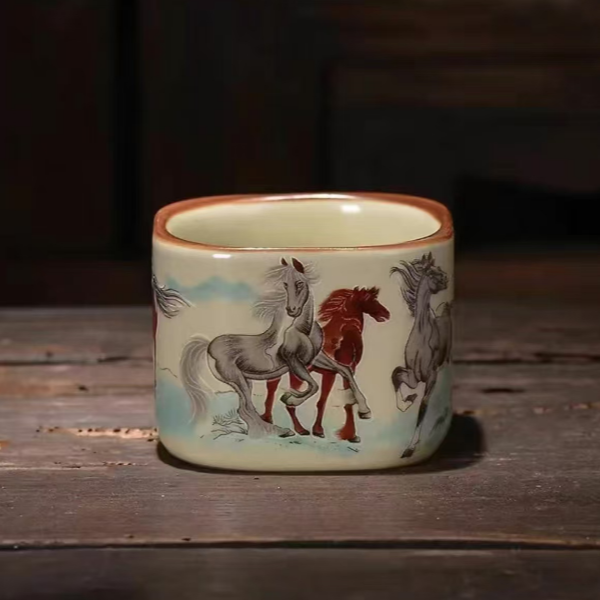 A009米黄【八骏图】四方杯