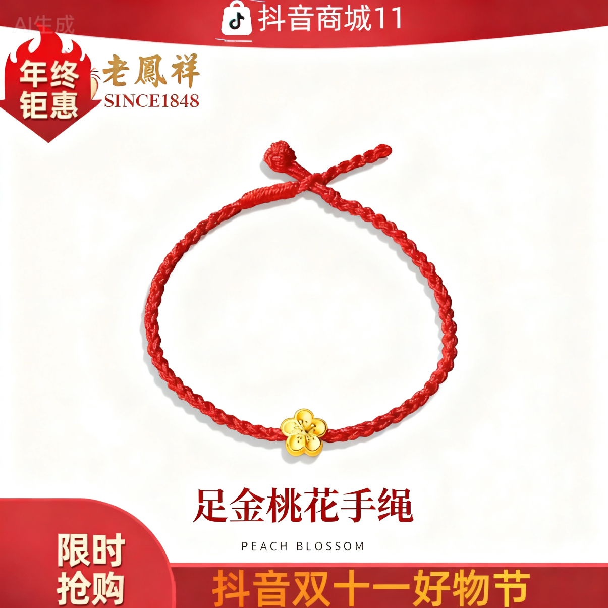 老凤祥转运珠手绳搭配桃花元素适合女性足金手绳