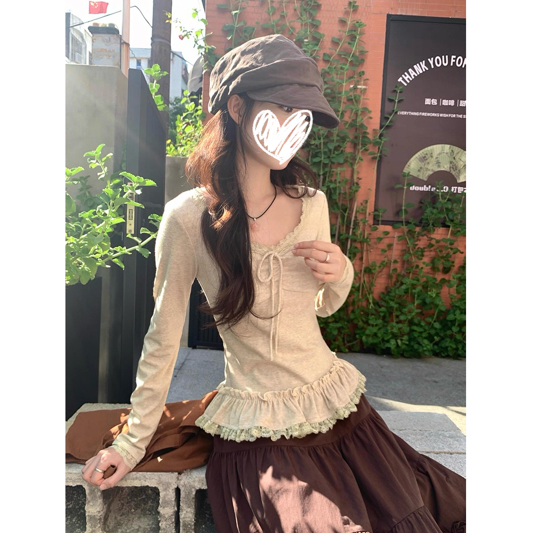 韩系甜美显瘦可爱百搭蕾丝拼接长袖打底衫女上衣2025新款#Y762