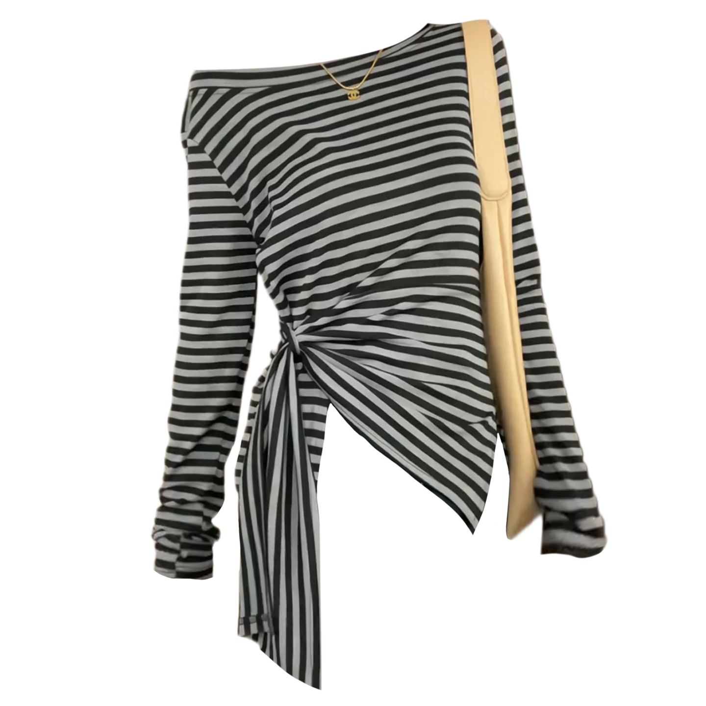 大码胖MM韩系复古条纹斜肩长袖t恤女秋季不规则开叉绑带收腰上衣