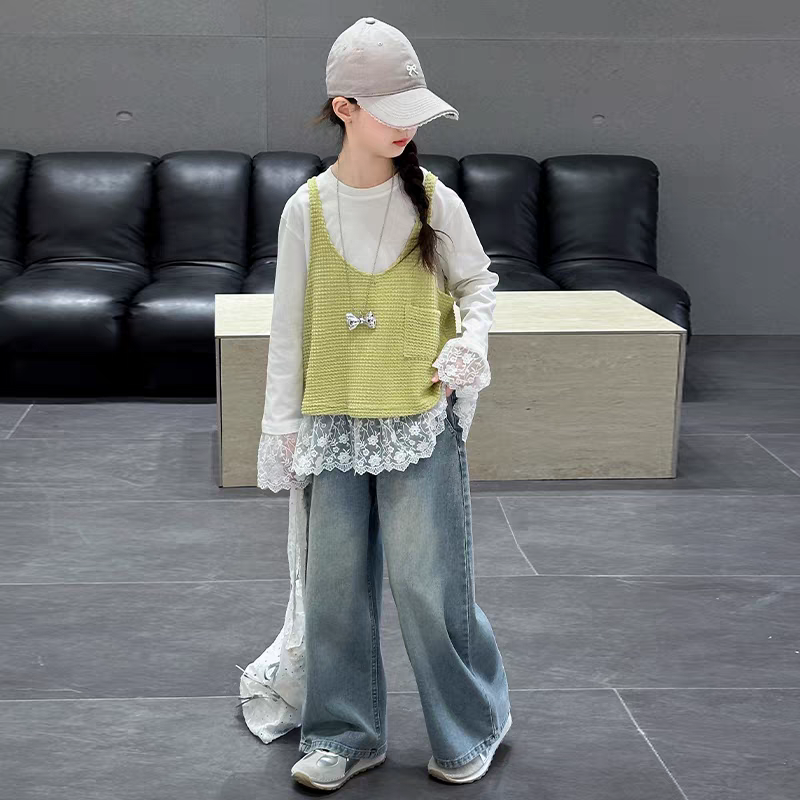 女童春装套装2025新款时髦洋气儿童装中大童吊带背心牛仔裤三件套