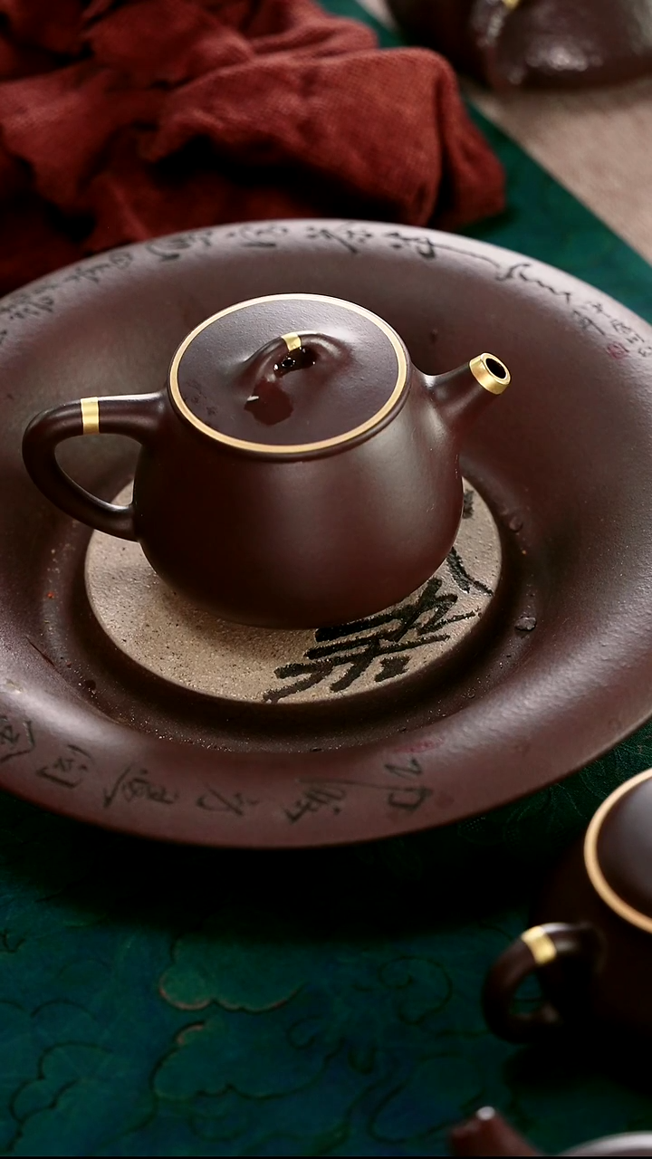 茶壶紫砂四号井茄皮紫泥描金小高瓢