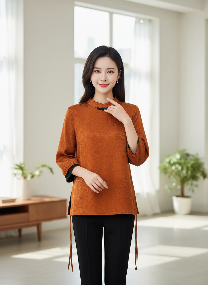贵夫人64-爱马橙高定国风双面双穿显瘦时尚香云纱桑蚕丝上衣圆领