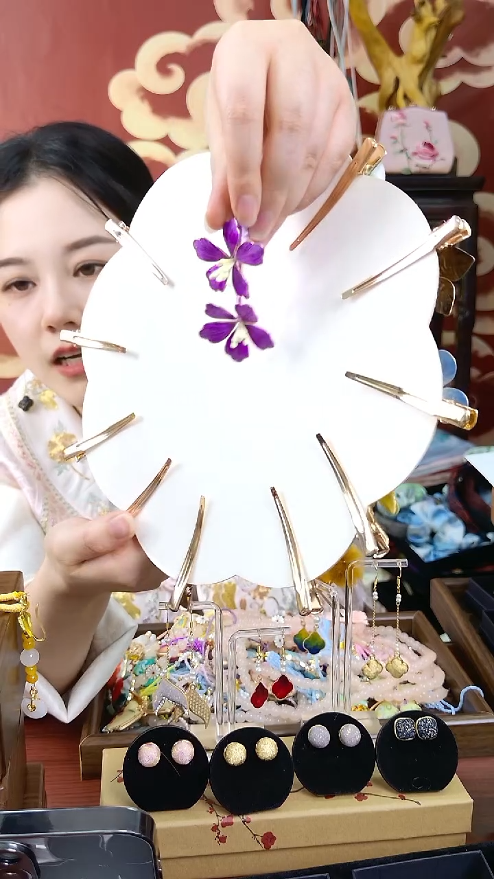 纯铜合金琉璃非遗绒花紫色小边夹