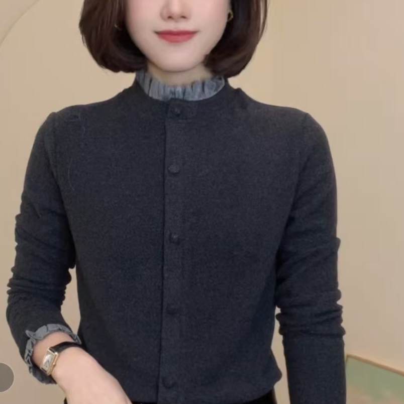 {现货}2025新款德绒领口花边套头打底上衣休闲长袖