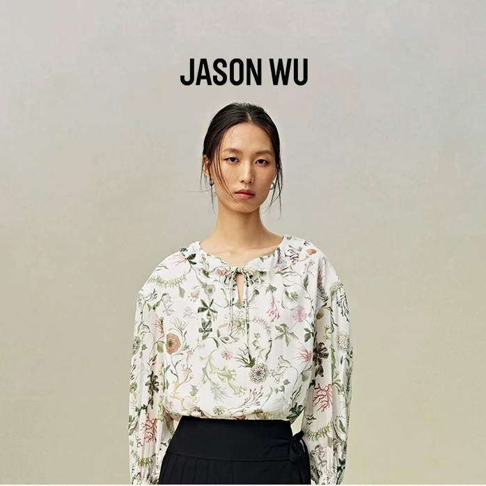 JASON WU 秋季新款100%桑蚕丝印花荷叶领新中式上衣衬衣衬衫