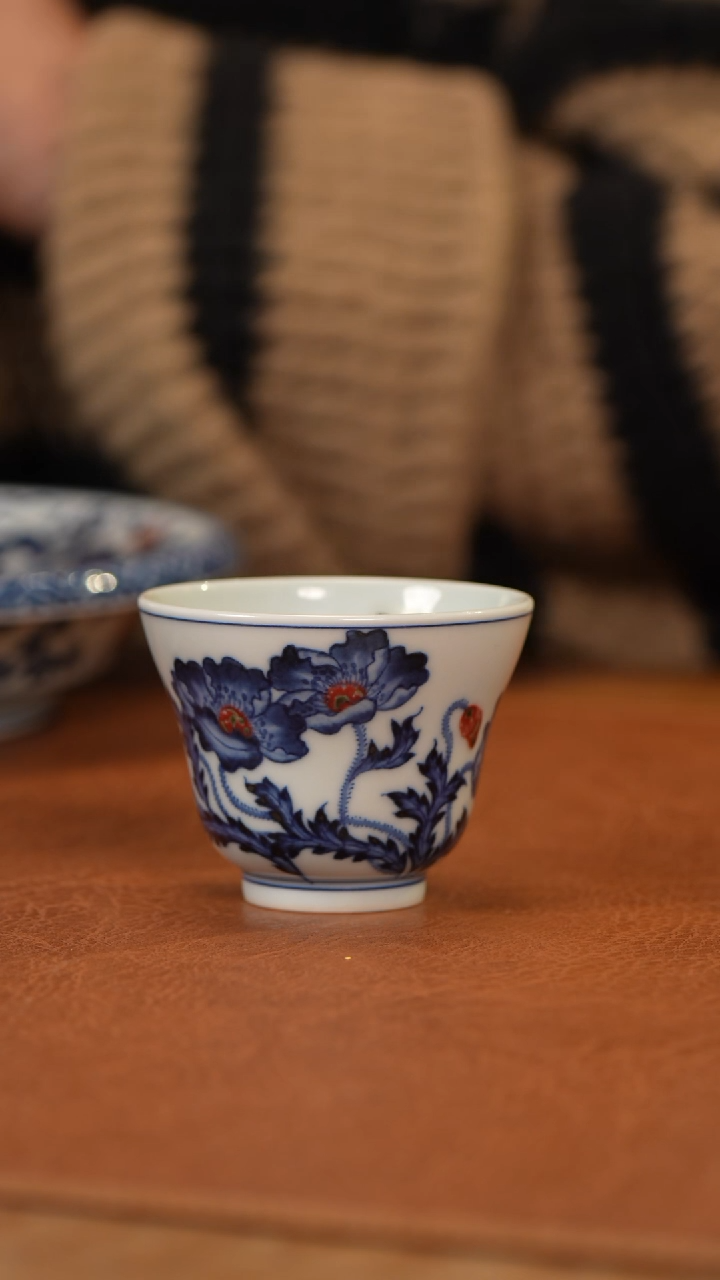 【闪购商品】杯和然窑青花釉里红虞美人折腰杯