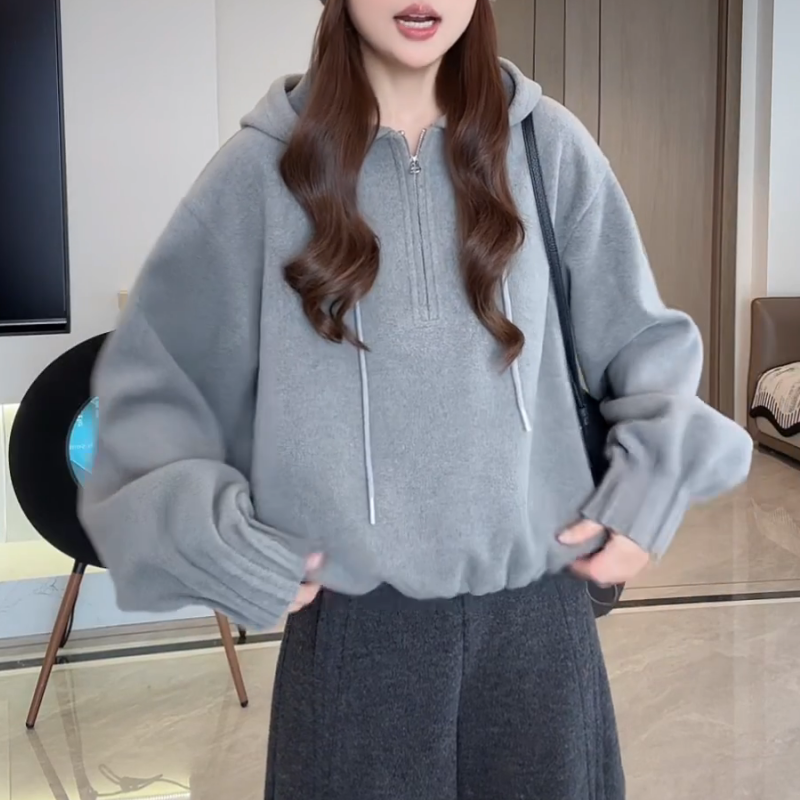 新款时尚小众设计宽松独特袖口褶皱半拉链连帽卫衣LK2508870