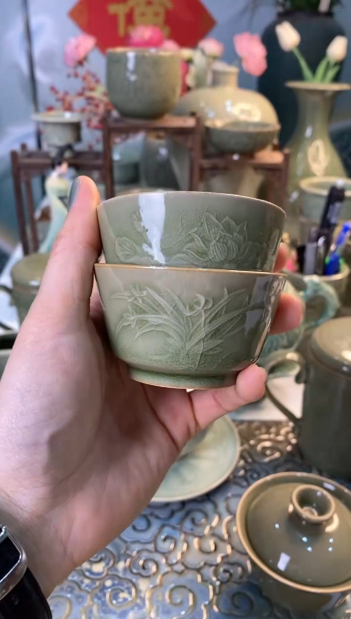 【闪购商品】微瑕TS035兰花】荷花马蹄杯各一只