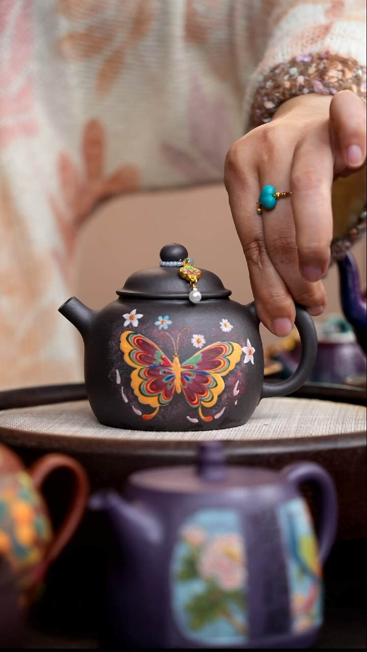 茶壶紫砂栀***茶天青泥匏尊泥绘蝴蝶