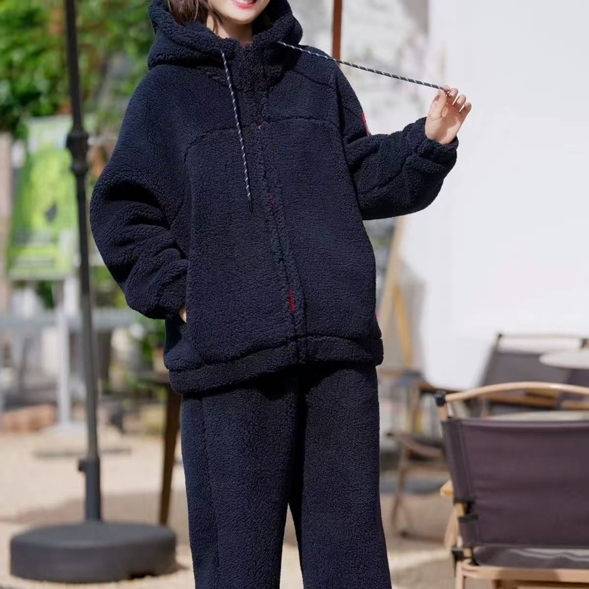 正方体  外穿三层加绒加厚睡衣女冬季休闲运动风保暖连帽家居服
