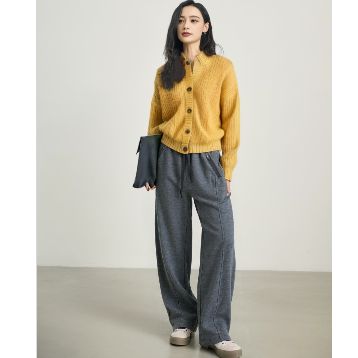 【韩国原单】定染定制面料水洗加厚加绒高腰拉链口袋弯刀裤休闲长裤