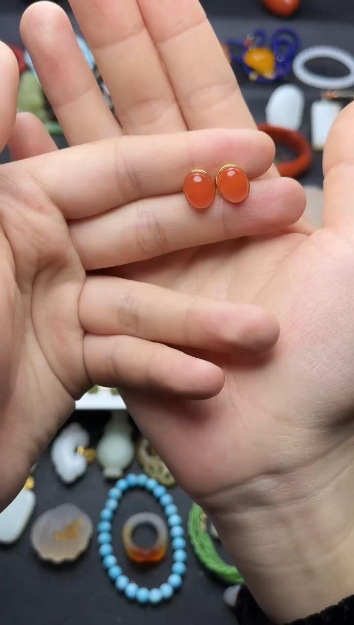 银S925镶嵌耳饰南红玛瑙蛋面耳钉06