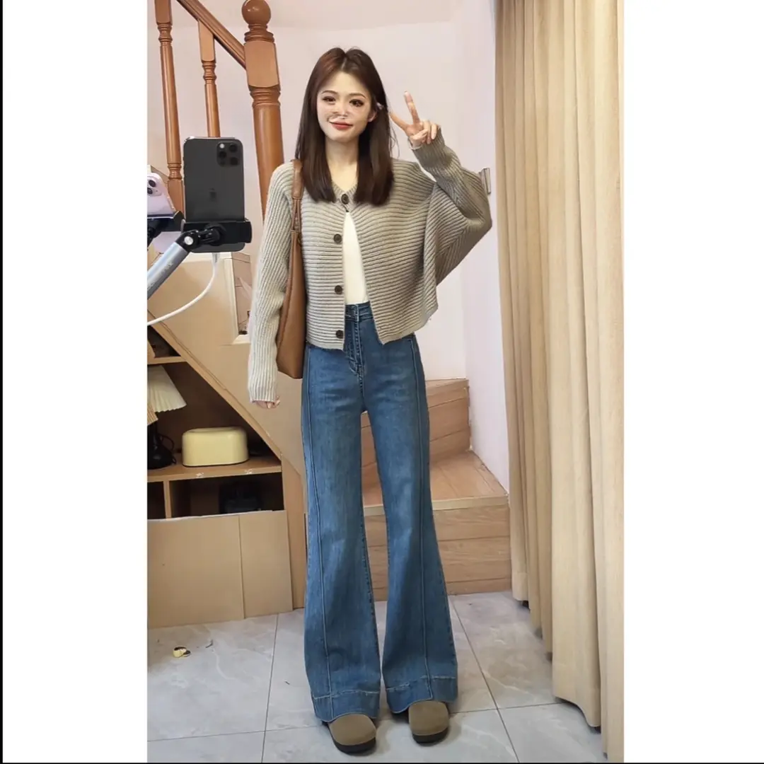 【欧若风】2025新款微胖大码女装高腰微喇牛子裤