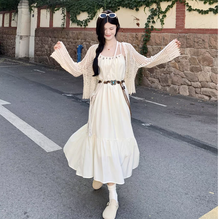 小众炸街高级感女装白色吊带连衣裙针织衫+吊带连衣裙+腰带三件套