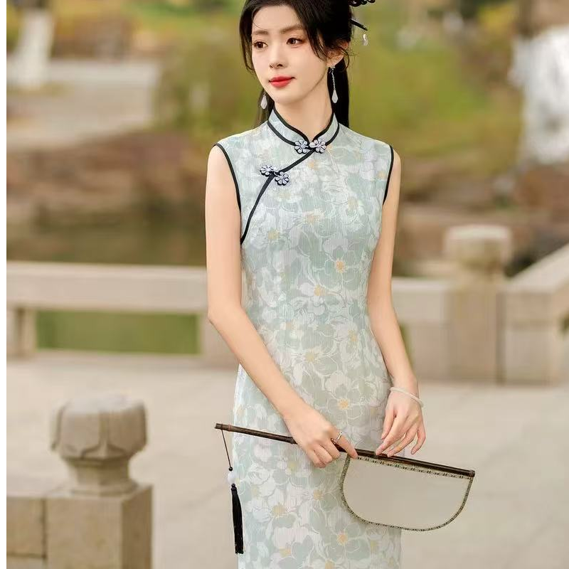 梦路 T785 夏季新款 绿塘  裙长110  无袖旗袍