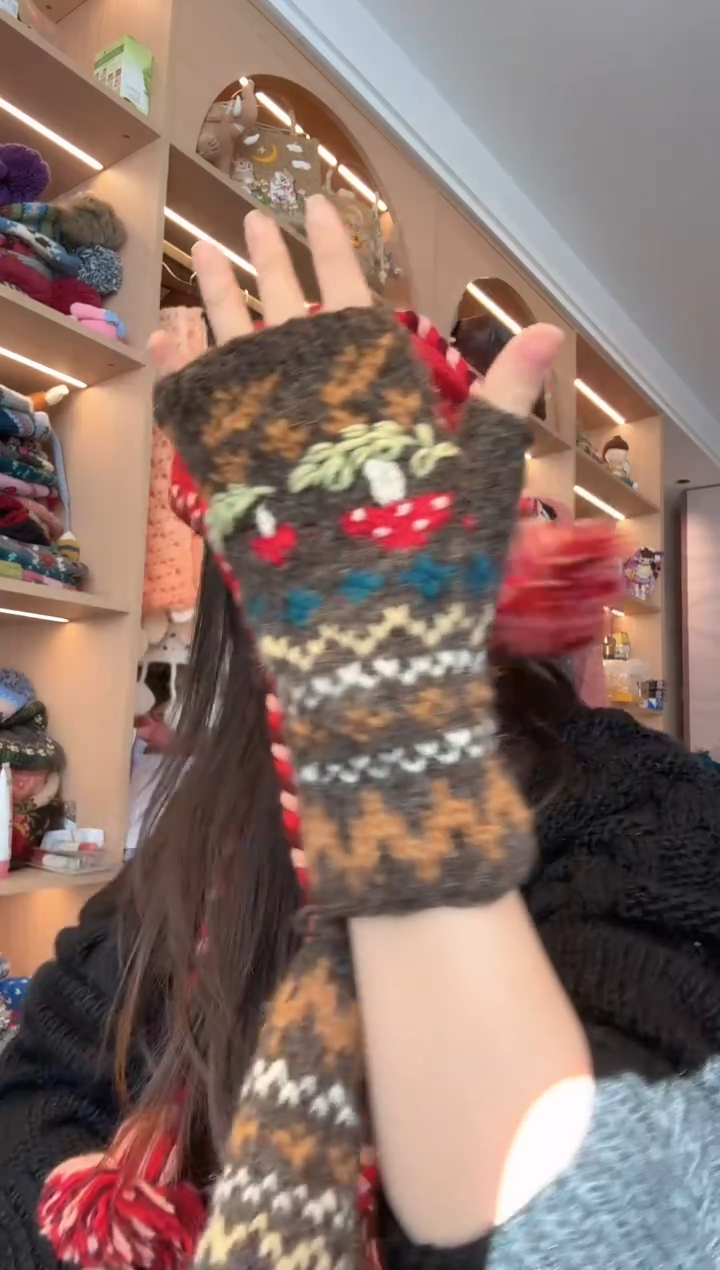 羊毛咖色蘑菇手套    