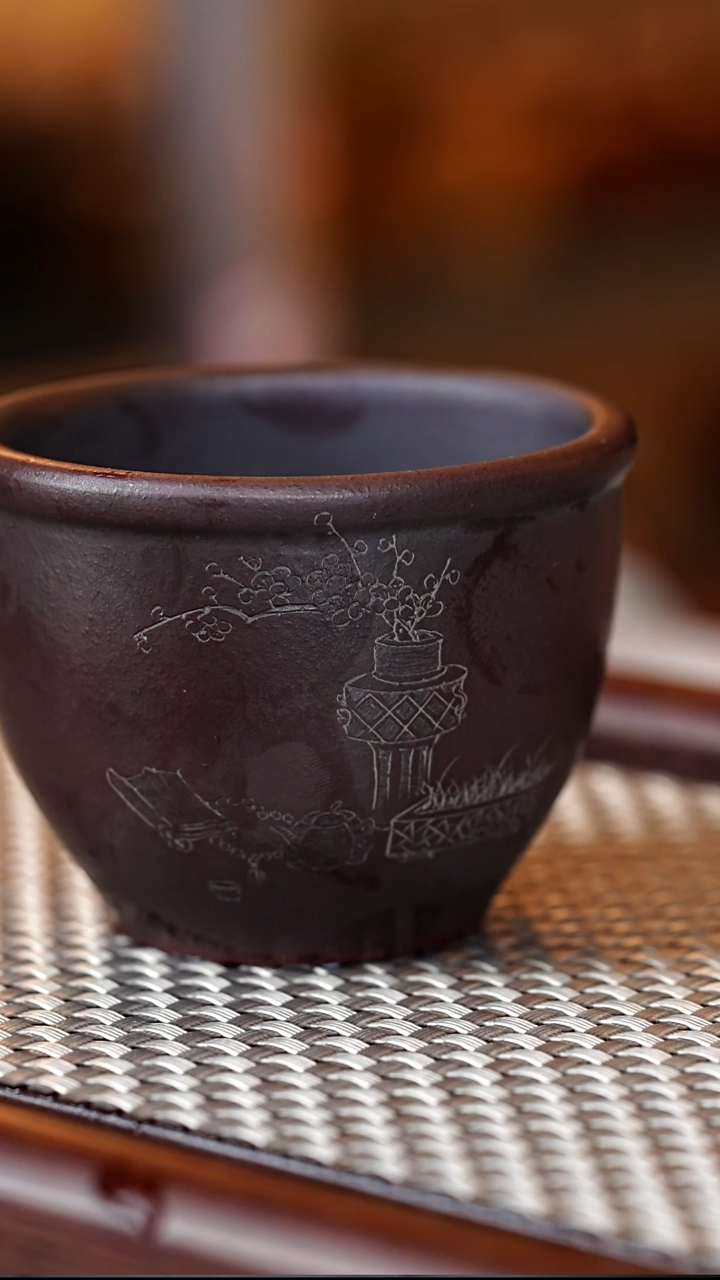 茶杯紫砂紫砂主人杯   手工刻绘 石红 80CC  034