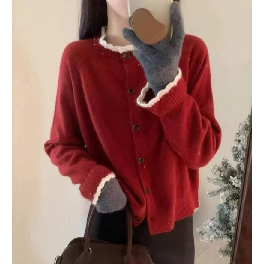 【038编码】浣熊时尚新年中国红色上衣亮丝毛衣开衫高级感小众秋冬