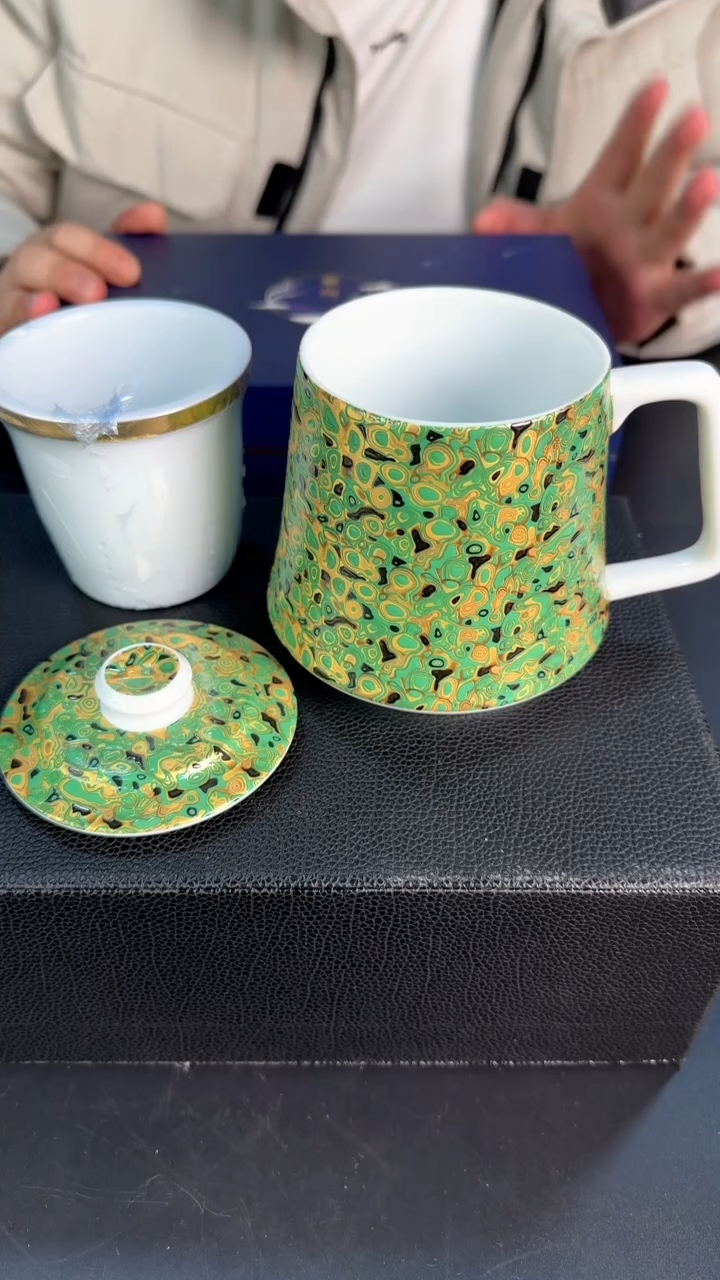 【闪购商品】仿大漆工艺绿金色办公杯三件套