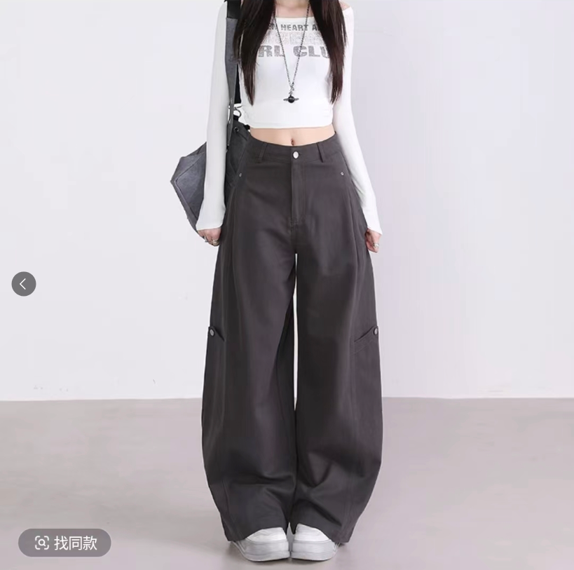 复古工装阔腿弯刀休闲裤女2025秋季新款老钱风高腰显瘦宽松镰刀裤
