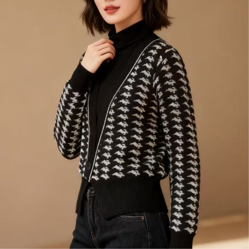 3232衣长56法式V领针织开衫毛衣女宽松复古长袖设计感千鸟格上衣