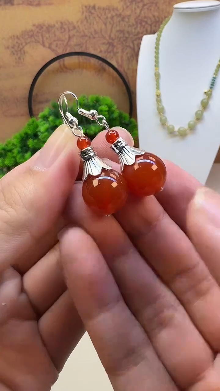 银S925镶嵌南红玛瑙耳饰E201 