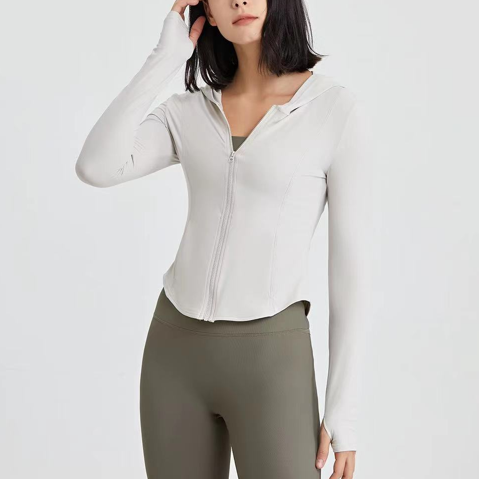 80056健身显瘦运动拉链外套女训练高弹紧身跑步上衣连帽瑜伽服