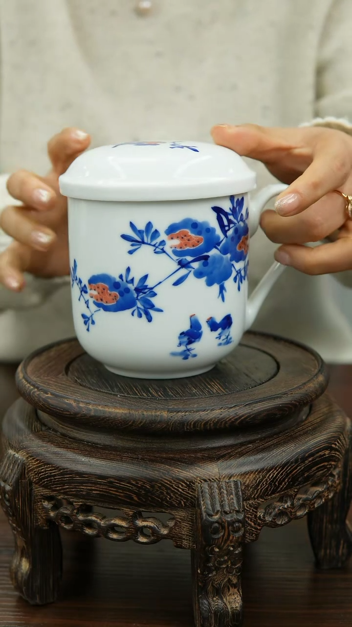 【闪购商品】014函夏非遗青花石榴画片带茶漏办公杯